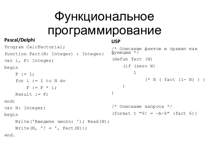 Функциональное программирование Pascal/Delphi Program CalcFactorial; function Fact(N: Integer) : Integer;