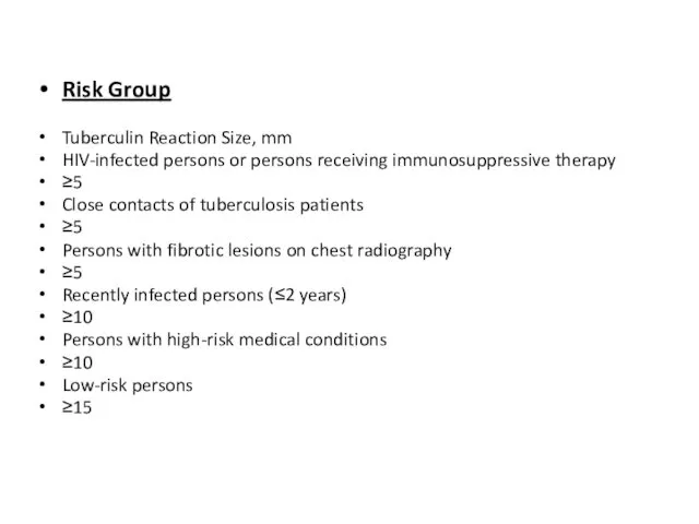 Risk Group Tuberculin Reaction Size, mm HIV-infected persons or persons