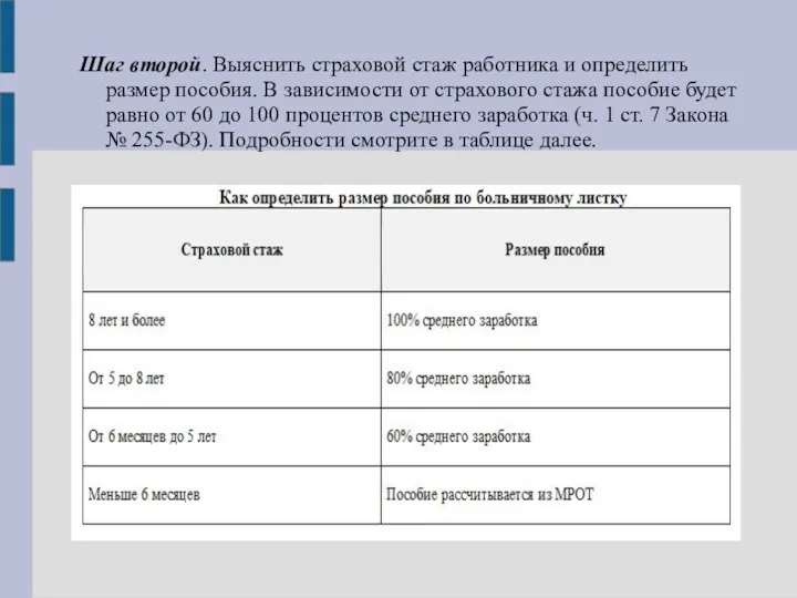 Шаг второй. Выяснить страховой стаж работника и определить размер пособия.