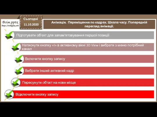 Сьогодні 11.10.2020 Анімація. Переміщення по кадрах. Шкала часу. Попередній перегляд анімації.