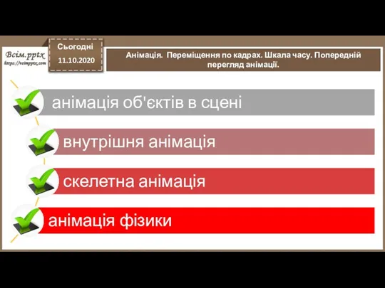 Сьогодні 11.10.2020 Анімація. Переміщення по кадрах. Шкала часу. Попередній перегляд анімації.