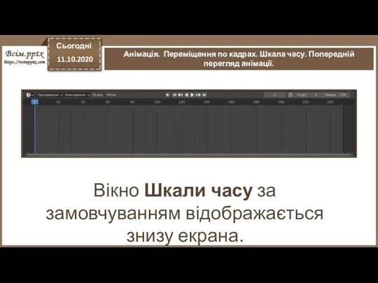 Сьогодні 11.10.2020 Анімація. Переміщення по кадрах. Шкала часу. Попередній перегляд