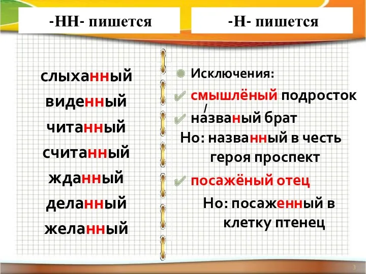 -НН- пишется -Н- пишется слыханный виденный читанный считанный жданный деланный