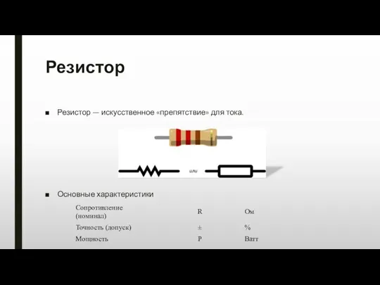 Резистор Резистор — искусственное «препятствие» для тока. Основные характеристики