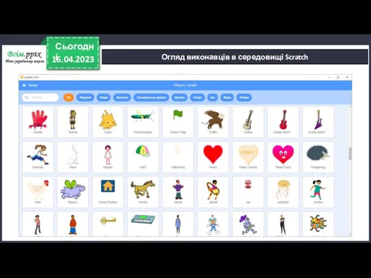 16.04.2023 Сьогодні Огляд виконавців в середовищі Scratch