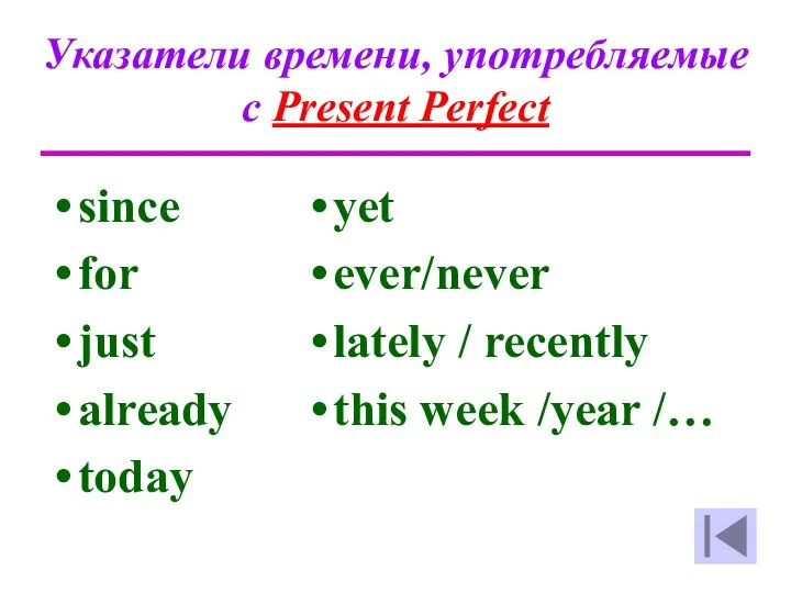 Указатели времени, употребляемые с Present Perfect since for just already