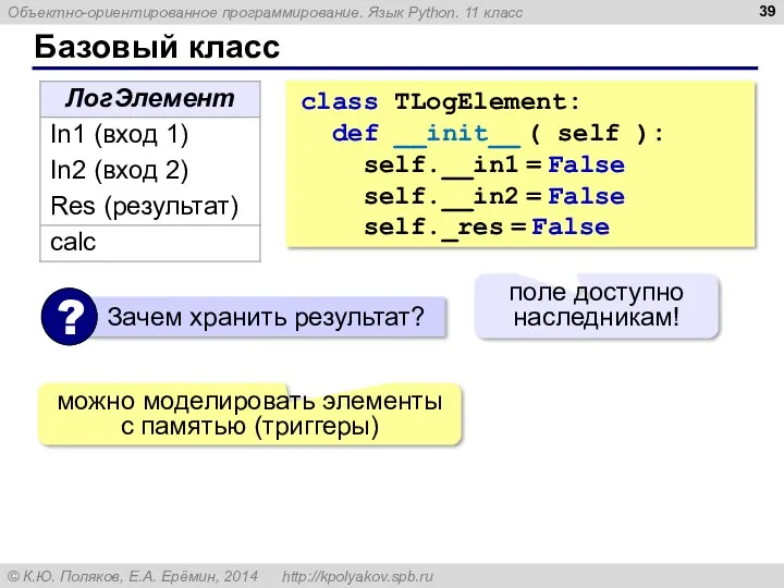 Базовый класс class TLogElement: def __init__ ( self ): self.__in1