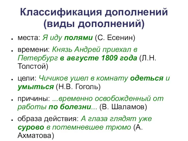 Классификация дополнений (виды дополнений) места: Я иду полями (С. Есенин)