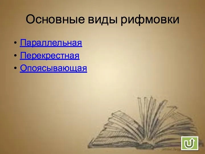 Основные виды рифмовки Параллельная Перекрестная Опоясывающая