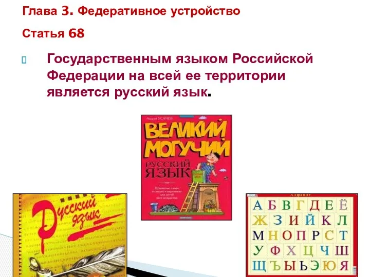 Государственным языком Российской Федерации на всей ее территории является русский язык. Глава 3.