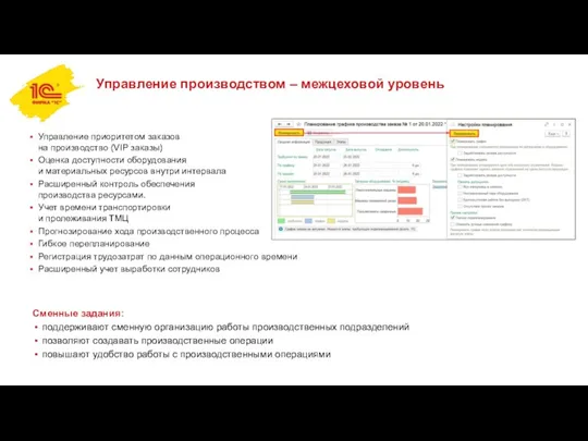 Управление производством – межцеховой уровень Сменные задания: поддерживают сменную организацию