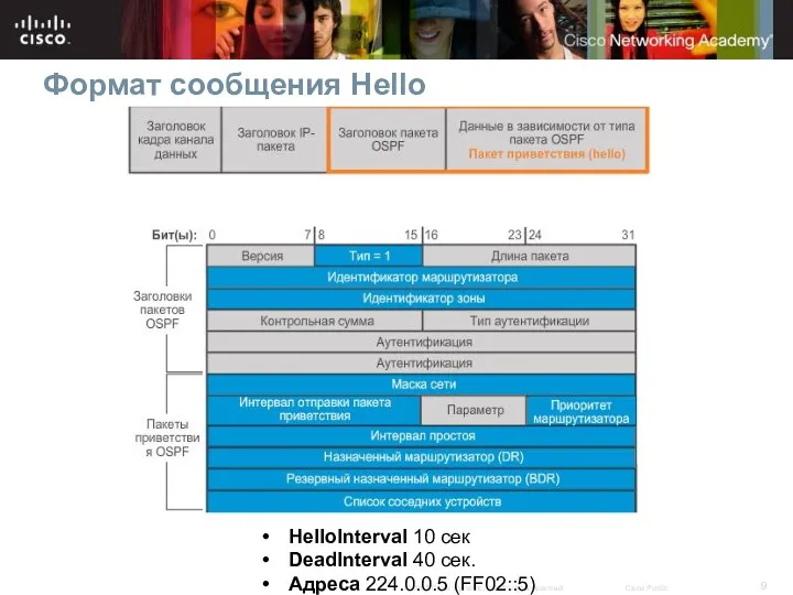 Формат сообщения Hello HelloInterval 10 сек DeadInterval 40 сек. Адреса 224.0.0.5 (FF02::5)