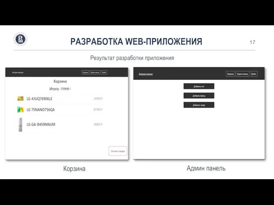РАЗРАБОТКА WEB-ПРИЛОЖЕНИЯ Результат разработки приложения Корзина Админ панель