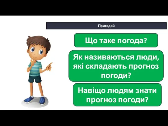 * Сьогодні Пригадай Що таке погода? Як називаються люди, які