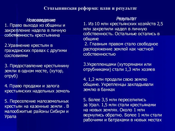 Столыпинская реформа: план и результат Нововведение 1. Право выхода из