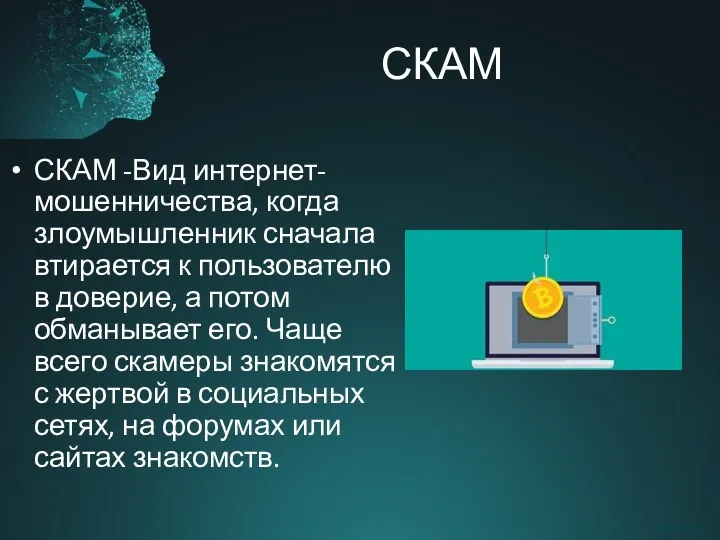 СКАМ СКАМ -Вид интернет-мошенничества, когда злоумышленник сначала втирается к пользователю