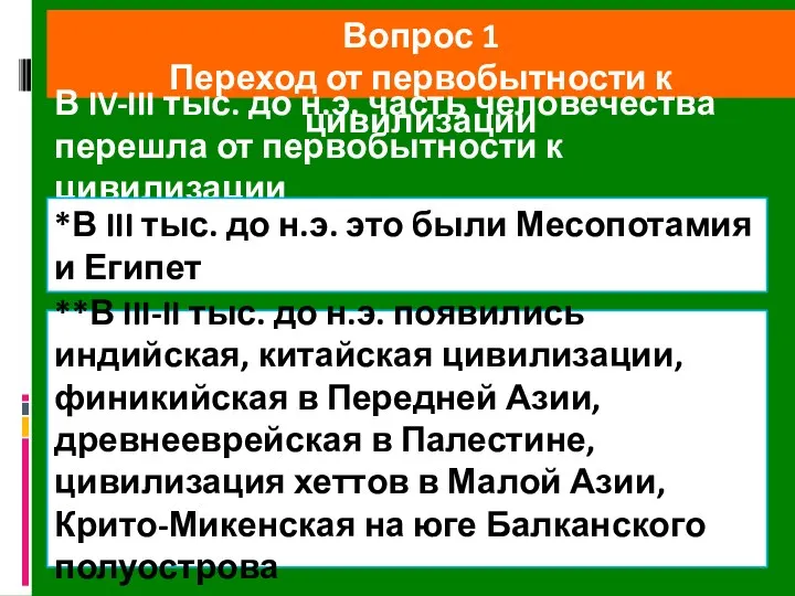 Вопрос 1 Переход от первобытности к цивилизации В IV-III тыс.