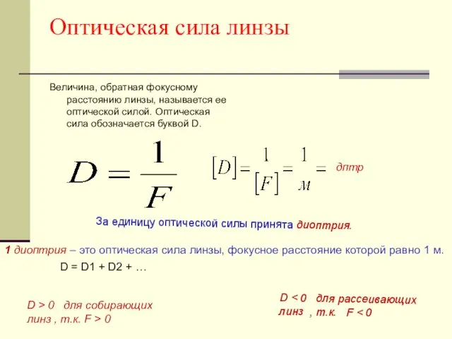 Оптическая сила линзы Величина, обратная фокусному расстоянию линзы, называется ее