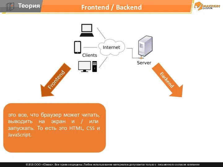 Frontend / Backend Frontend Backend это все, что браузер может читать, выводить на