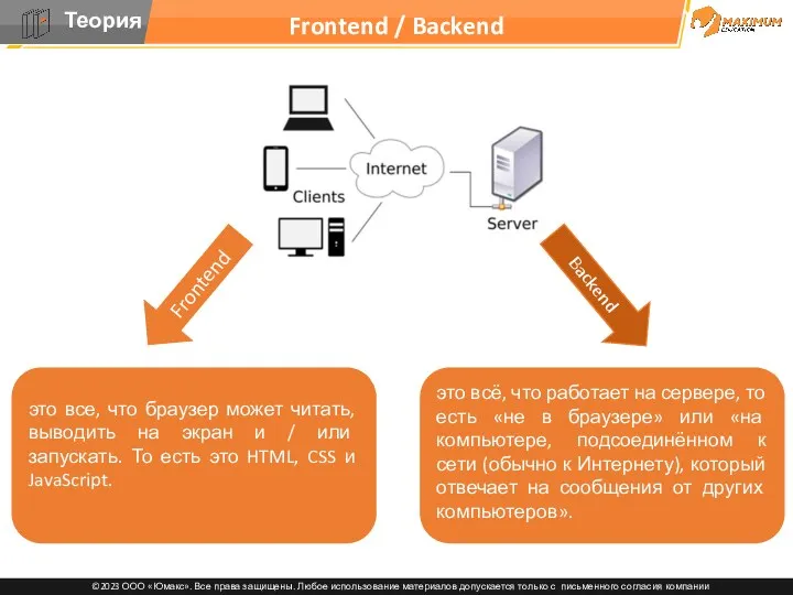 Frontend / Backend Frontend Backend это всё, что работает на сервере, то есть