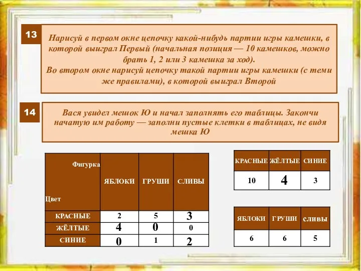 13 Нарисуй в первом окне цепочку какой-нибудь партии игры камешки,