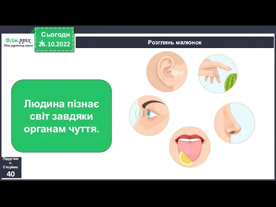 26.10.2022 Сьогодні Розглянь малюнок Людина пізнає світ завдяки органам чуття. Підручник. Сторінка 40