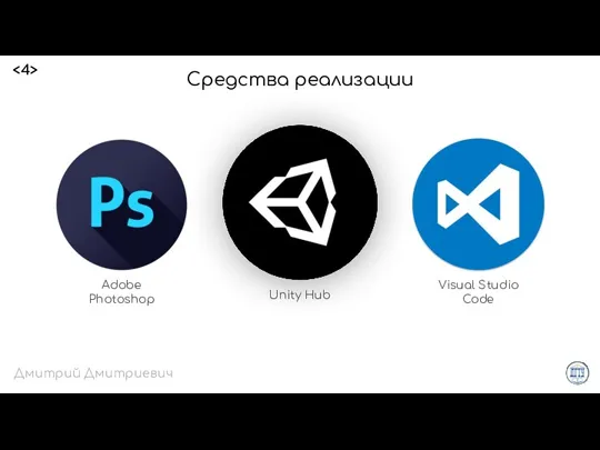 Средства реализации Дмитрий Дмитриевич Adobe Photoshop Unity Hub Visual Studio Code