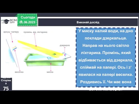 01.06.2023 Сьогодні Виконай дослід У миску налий води, на дно