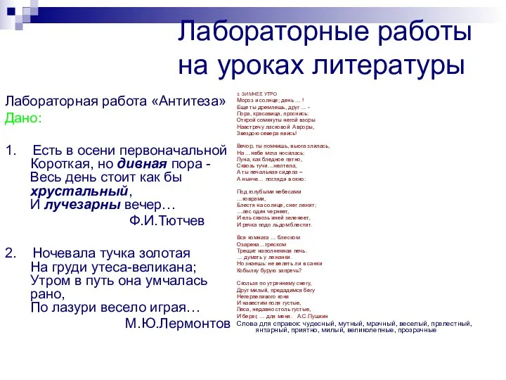 Лабораторные работы на уроках литературы 3. ЗИМНЕЕ УТРО Мороз и