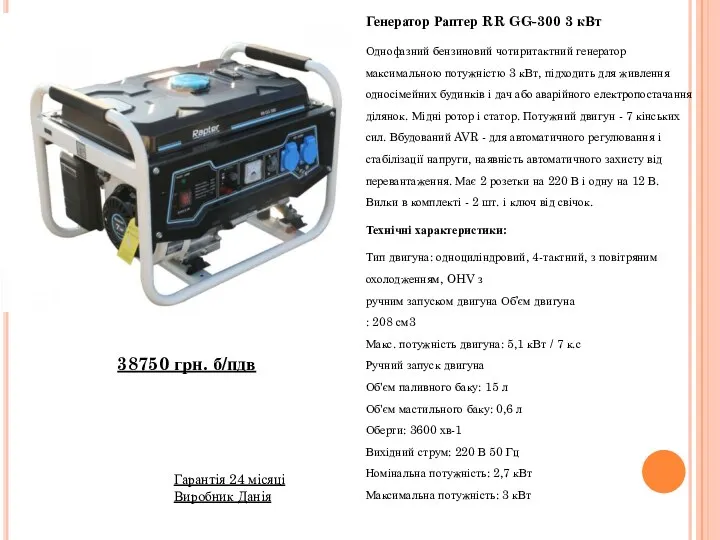 Генератор Раптер RR GG-300 3 кВт Однофазний бензиновий чотиритактний генератор