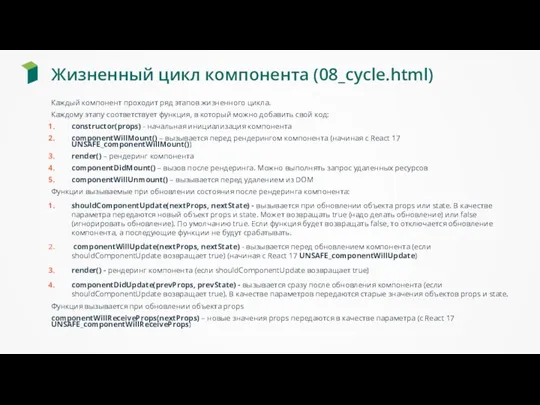 Жизненный цикл компонента (08_cycle.html) Каждый компонент проходит ряд этапов жизненного