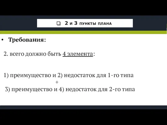 Требования: 2. всего должно быть 4 элемента: 1) преимущество и