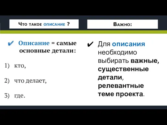 Описание = самые основные детали: кто, что делает, где. Важно: