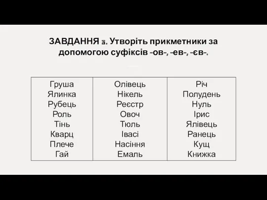 ЗАВДАННЯ 3. Утворіть прикметники за допомогою суфіксів -ов-, -ев-, -єв-.