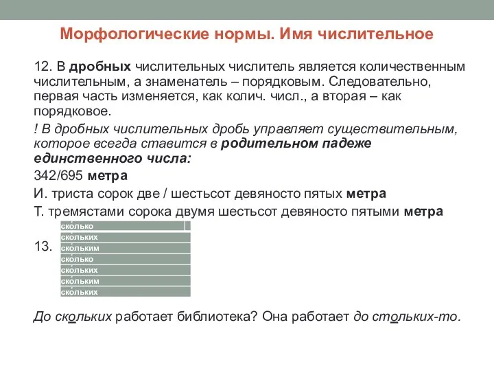 Морфологические нормы. Имя числительное 12. В дробных числительных числитель является