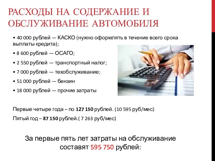 РАСХОДЫ НА СОДЕРЖАНИЕ И ОБСЛУЖИВАНИЕ АВТОМОБИЛЯ • 40 000 рублей