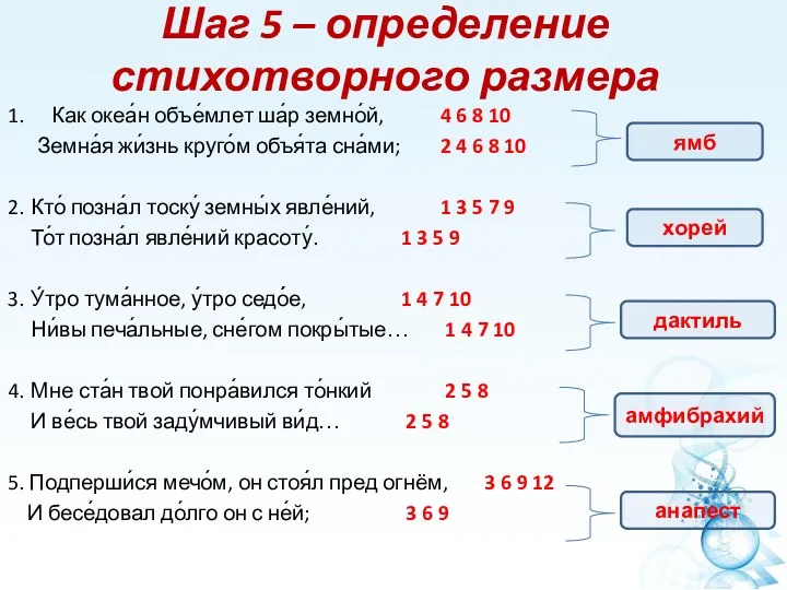 Шаг 5 – определение стихотворного размера 1. Как океа́н объе́млет