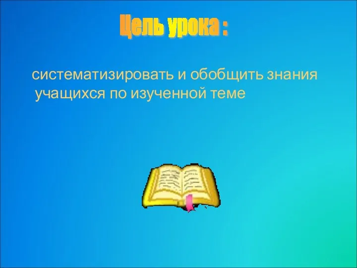 систематизировать и обобщить знания учащихся по изученной теме Цель урока :