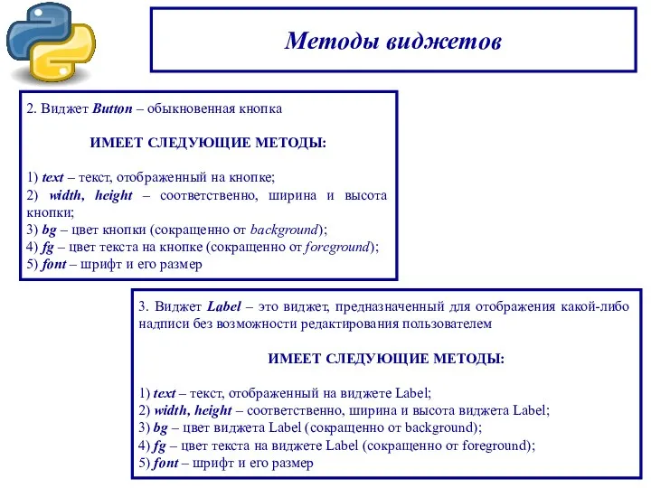 Методы виджетов 2. Виджет Button – обыкновенная кнопка ИМЕЕТ СЛЕДУЮЩИЕ