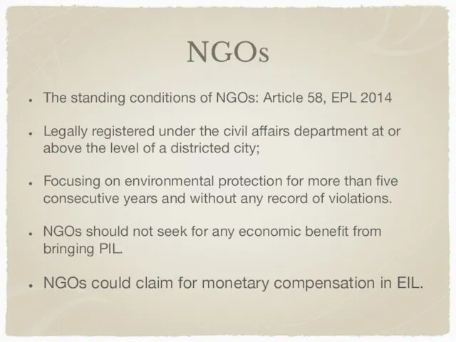 NGOs The standing conditions of NGOs: Article 58, EPL 2014