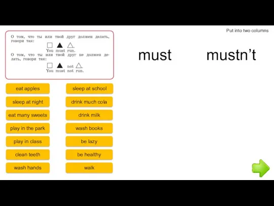 Put into two columns must mustn’t eat apples sleep at