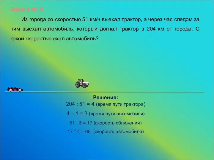 Задача № 11 Решение: 204 : 51 = 4 (время