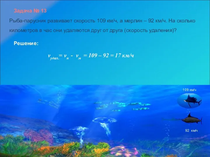 Задача № 13 Рыба-парусник развивает скорость 109 км/ч, а мерлин