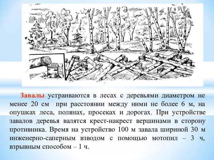 Завалы устраиваются в лесах с деревьями диаметром не менее 20