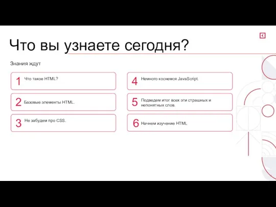 Знания ждут Что вы узнаете сегодня? 6 Начнем изучение HTML