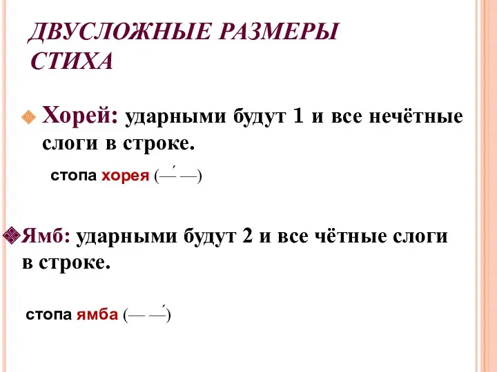 ДВУСЛОЖНЫЕ РАЗМЕРЫ СТИХА Хорей: ударными будут 1 и все нечётные