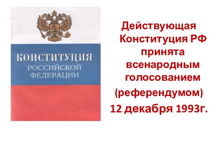 Действующая Конституция РФ принята всенародным голосованием (референдумом) 12 декабря 1993г.