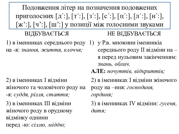 Подовження літер на позначення подовжених приголосних [д´:], [т´:], [з´:], [с´:],