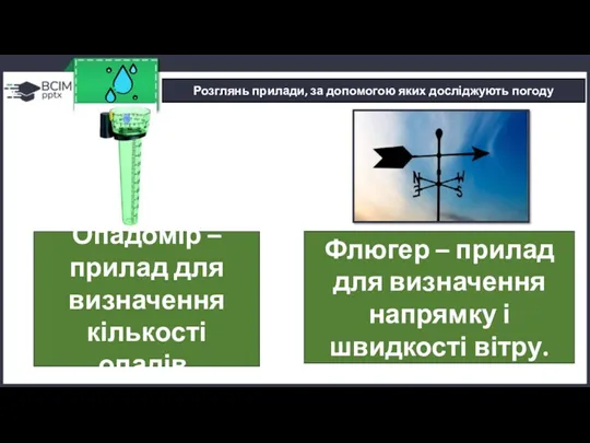 Розглянь прилади, за допомогою яких досліджують погоду Флюгер – прилад