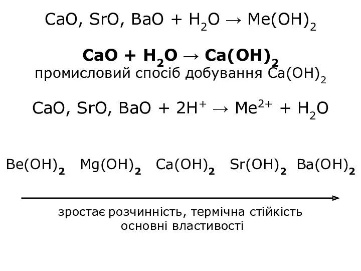 CaO, SrO, BaO + H2O → Ме(ОН)2 CaO + H2O